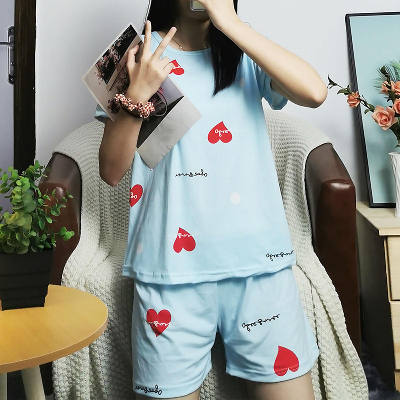 absuyy Women Junior Pajama Sets Cartoon Cute Soft Short Sleeve Tops