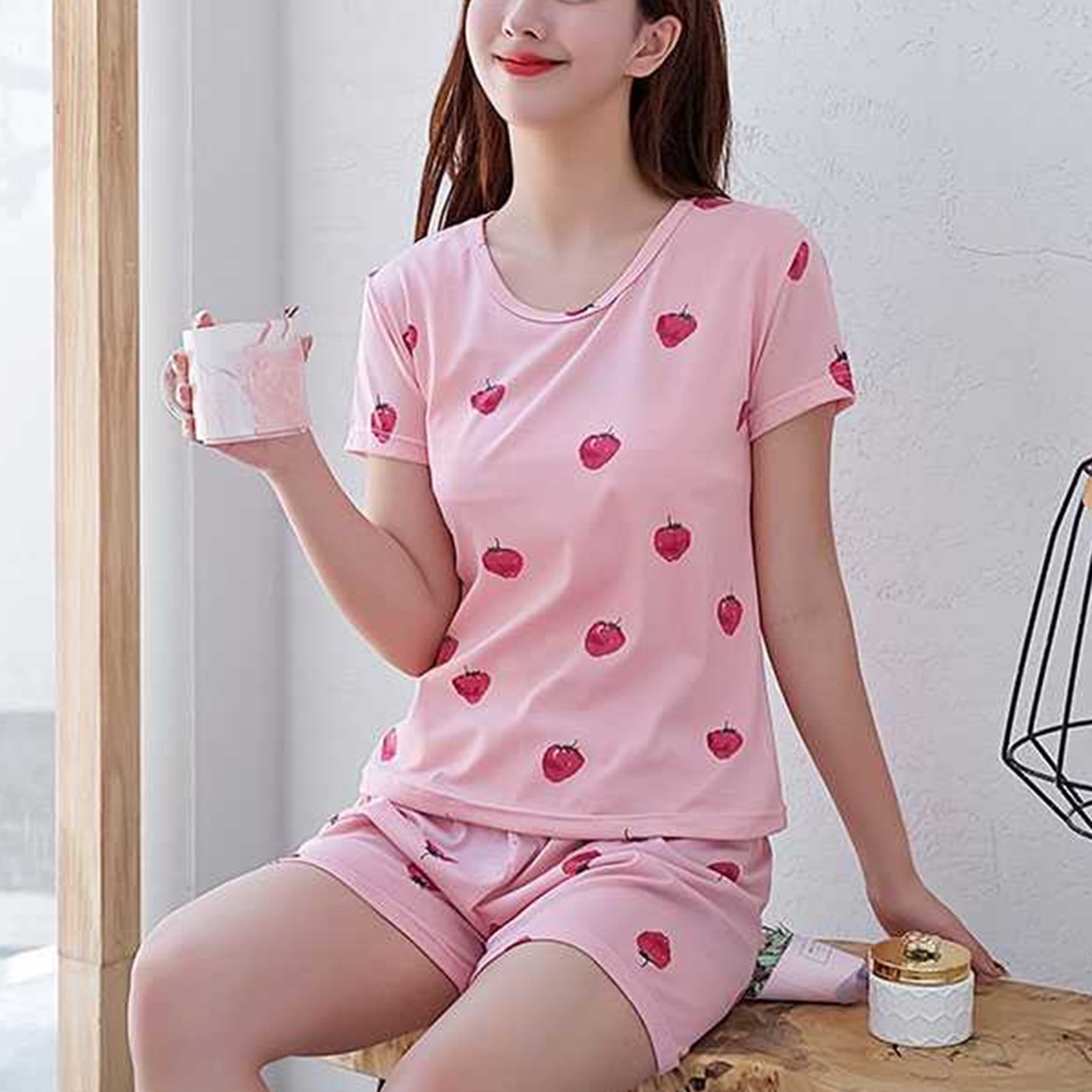 absuyy Women Junior Pajama Sets Cartoon Cute Soft Short Sleeve Tops