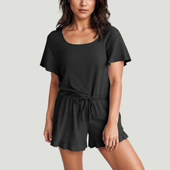 absuyy Women's Comfy Loungewear Set - Short Sleeve Top & Drawstring Shorts, Polyester-Spandex Blend, Size L, Dark Gray