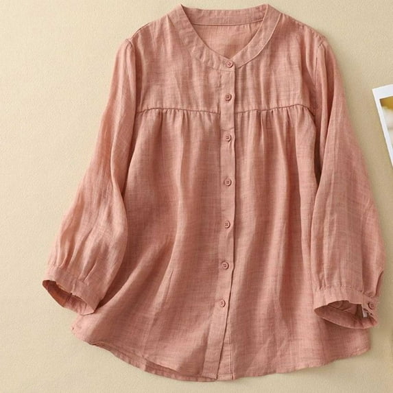 absuyy Women's Dressy Blouse Long Sleeve Cotton Linen Shirts Pleated Cozy Summer Fall Tops