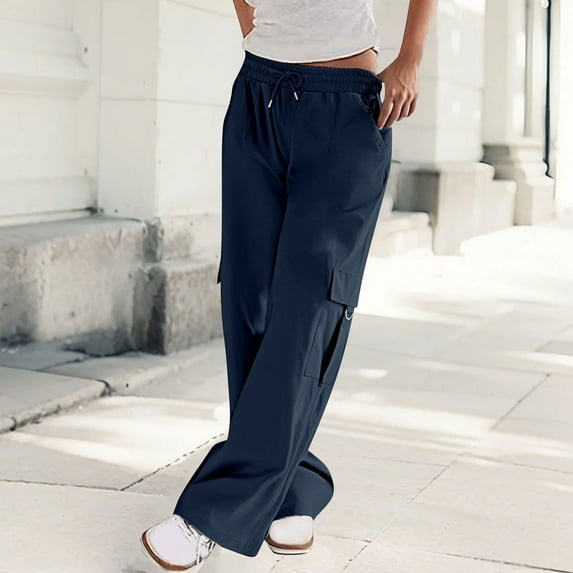 absuyy Women's Wide Leg Cargo Pants High Waisted Quick Drying Workout Pants 4 Pockets Baggy Athletic Trousers Blue M