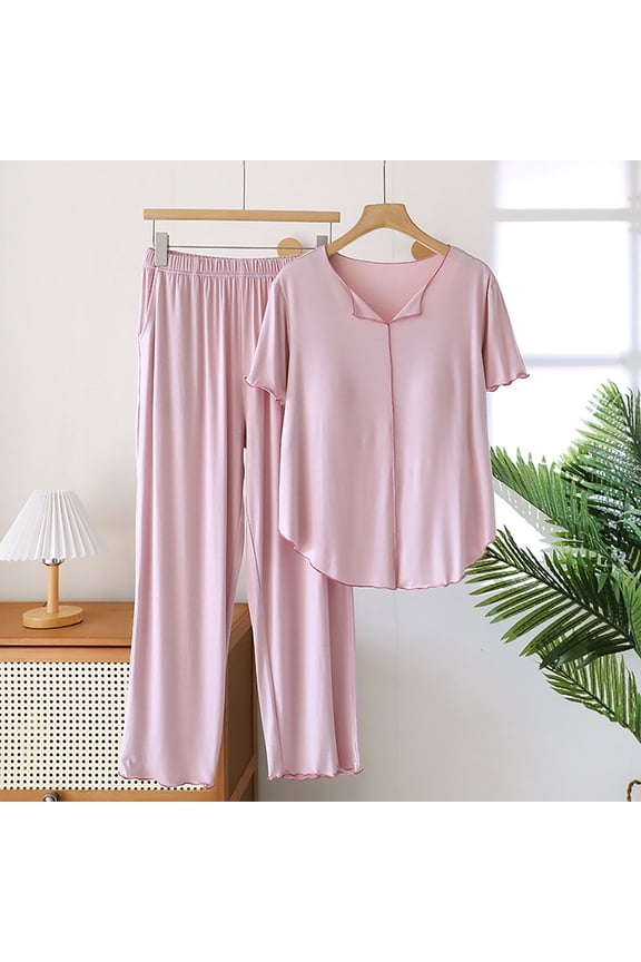 Women's XL Pink Pajama Set - Modal Cotton Polyester Blend, Soft Comfy, Relaxed Fit V-Neck Short Sleeve & Wide Leg Loungewear