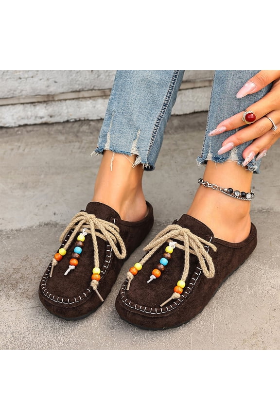 Womens Beaded Slip-On Mules Brown, Ultra Soft Flock Boho Casual Loafers & Open Back Comfort Shoes,Size 6