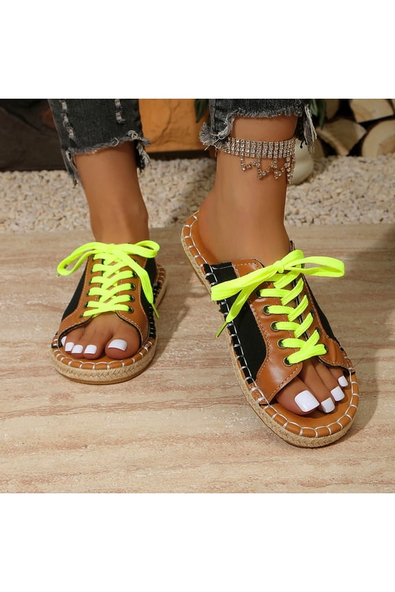 Womens Black Canvas Espadrille Mules Open Toe Lace Up Casual Flat Slip On Summer Sandals,Size 9