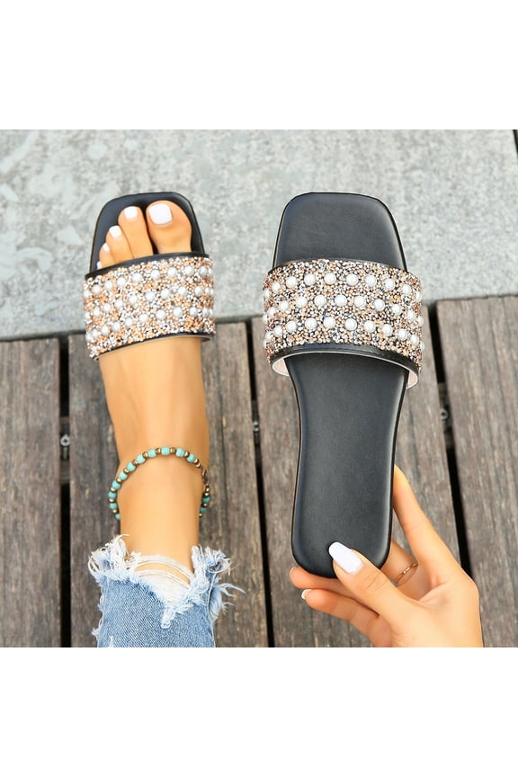 Womens Black Pearl Rhinestone Flat Slide Sandals Square Toe Cushioned Dressy Slip-On Shoes,Size 7.5