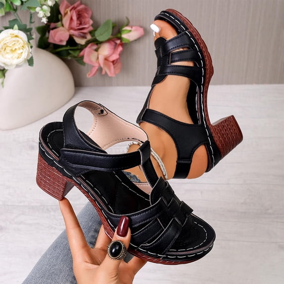absuyy Womens Block Heel Sandals with Platform & Adjustable Ankle Strap - Open Toe Casual Comfort Walking Shoes in Black,Size 9.5