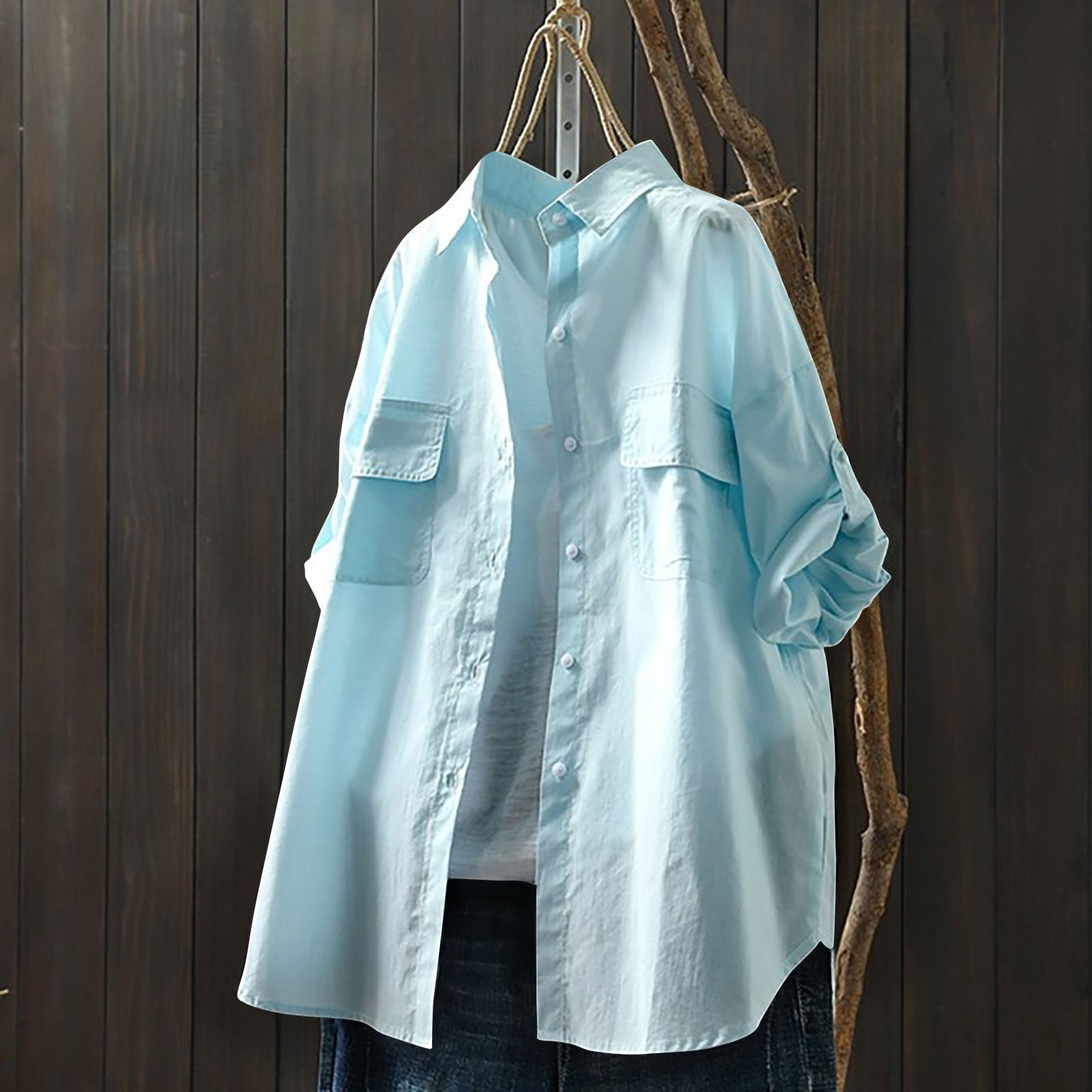 absuyy Womens Button Down Shirt Casual Solid Color Lapel Long Sleeve ...