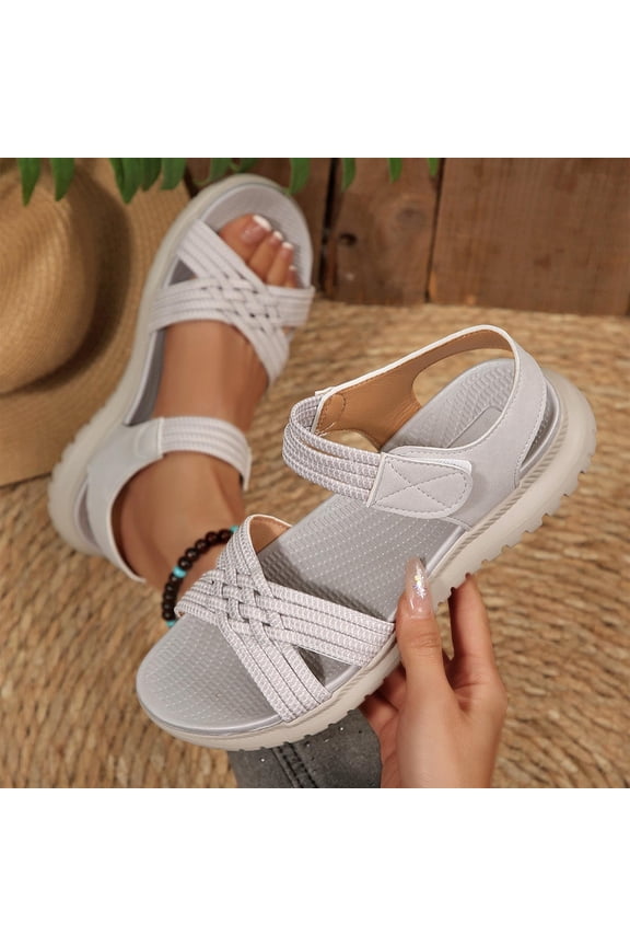 Womens Casual Sandals Adjustable Ankle Strap Comfortable Everyday Flat Sandals for Women Beige Woven Slide On Walking Sandals,Size 5.5