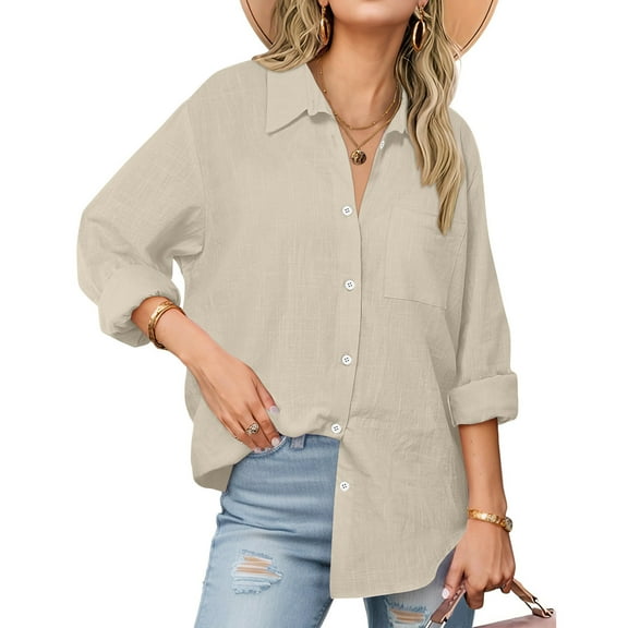 absuyy Womens Collared Shirts Lapel Cotton Linen Long Sleeve Blouse Tops with Pocket Beige Button Down Shirts for Women Size L