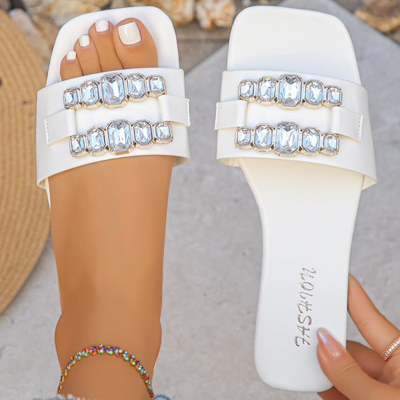 absuyy Womens Flat Sandals Square Toe Sliders with Rhinestone Straps, Casual Glam Slide Sandals Lightweight Comfortable Walking Shoes White,Size 6.5