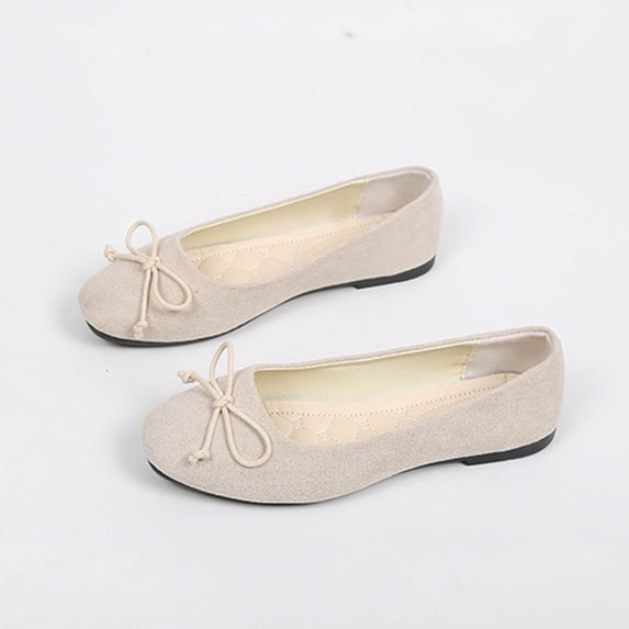absuyy Womens Flock Ballet Flats with Bow, Round Toe, Slip On, Comfortable Casual Everyday Work Office Walking Shoes Beige,Size 9