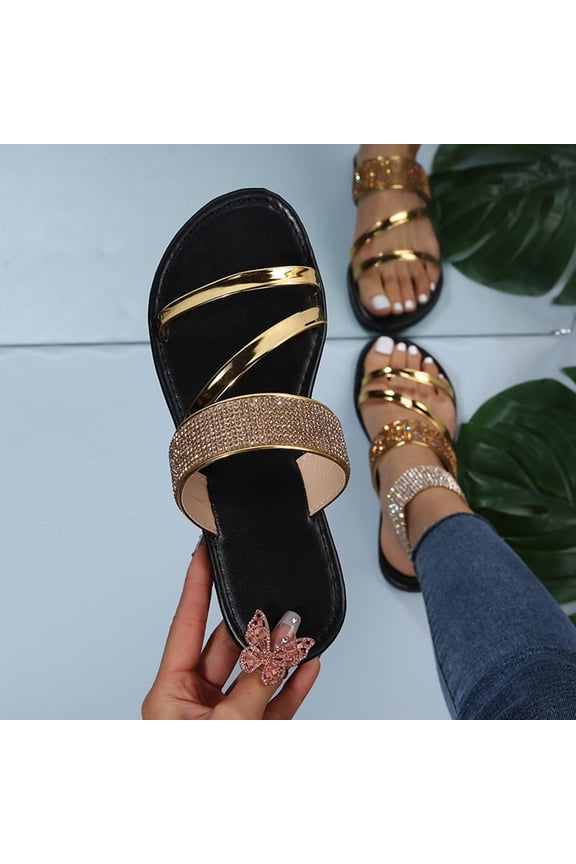 Womens Gold Glitter Thong Sandals | Sparkling Strap Flat Slide Sandals with Soft Cushioned Footbed for Women, Comfortable Casual Summer Beach Shoes,Size 8.5