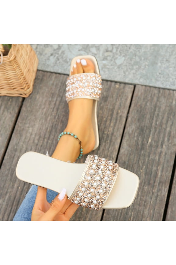 Womens Gold Pearl Rhinestone Square Toe Flat Slide Sandals Cushioned Wedding Slip-On Shoes,Size 9.5