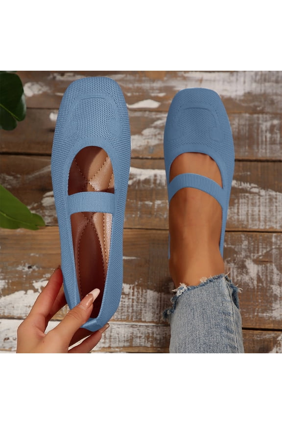 Womens Light Blue Mesh Breathable Flats Square Toe Mary Jane Shoes Elastic Strap Slip On Comfortable Walking Sneakers Lightweight Foldable,Size 8.5
