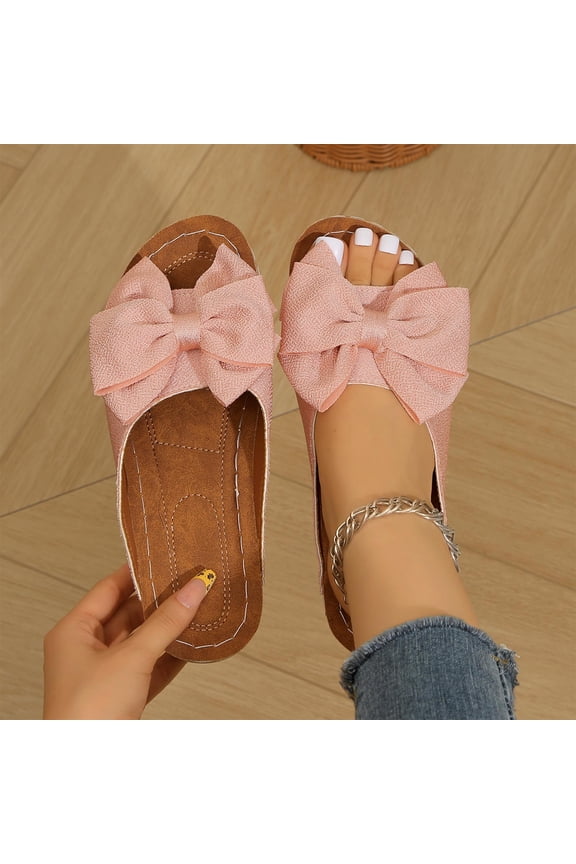 Womens Pink Bow Slide Sandals Low Wedge Open Toe Comfortable Casual Slip-On Flock Velvet Summer Shoes,Size 9