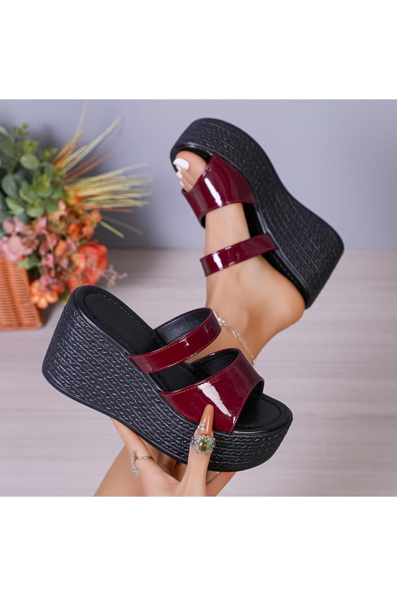 Womens Platform Wedge Slide Sandals - Two Strap Chunky Patent Faux Leather Slides with Cushioned Footbed, Wine Red Open Toe Summer Comfort Shoes,Size 9.5