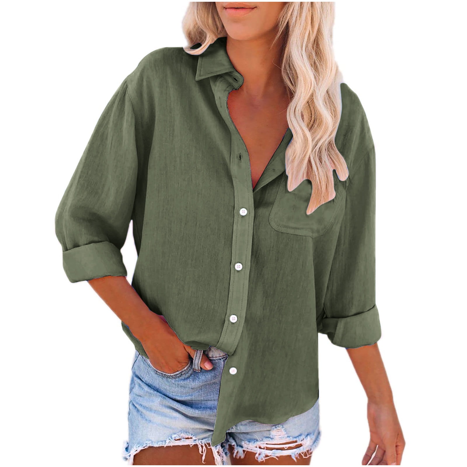 absuyy Womens Shirts Clearance With Pocket Loose Roll Up Long Sleeve
