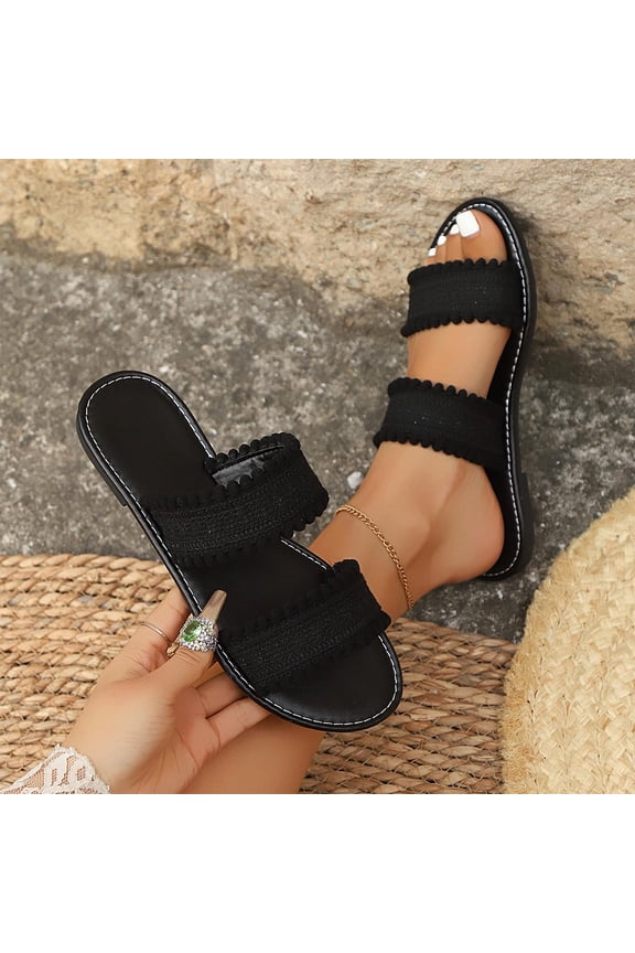 Womens Slide Sandals Comfortable Cloth Slides with Pom Pom Trim, Soft Flat Footbed for Home, Beach, Casual - Black (Sizes 5-10),Size 8.5