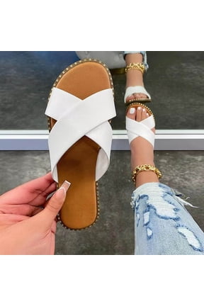 Womens Slide Sandals Open Toe Casual Wide Width Comfort Summer Flat Slide Sandals White 8.5
