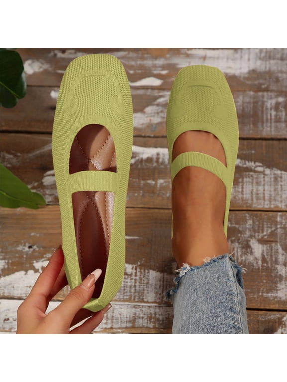 Womens Square Toe Mary Jane Flats Green Mesh Breathable Sock Sneakers Slip On Walking Shoes Comfortable Lightweight Foldable Casual Flats,Size 8