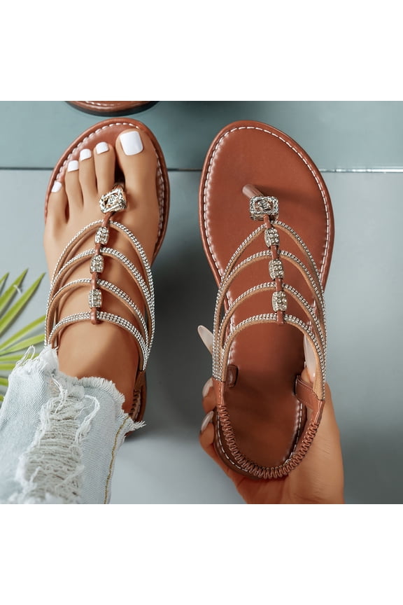 Womens Summer Flat Sandals Casual Summer Roman Gladiator Sandals,Faux Faux Leather Rhinestone Flip-flops,Ankle Strap,for Beach Vacation Brown,Size 9.5