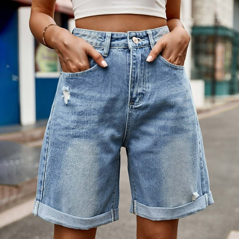 absuyy Womens Summer Shorts Casual Mid Waist With Pockets Button Zipper  Jeans Denim Pants Blue Size S