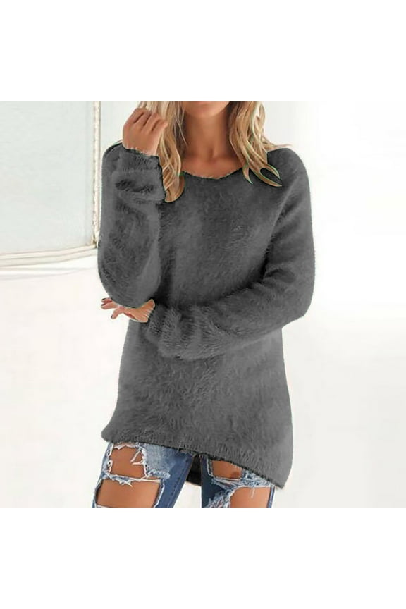 Womens Sweaters Pullover Crewneck Loose Long Sleeve Casual Fashion Winter Sweater for Women tops Dark Gray Size L