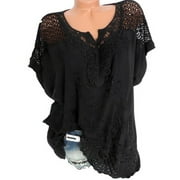ABSUYY Womens Tops Short Sleeve Plus Size Womens Clothes V Neck Summer Pullover Hollow Out Blouses Black Size L