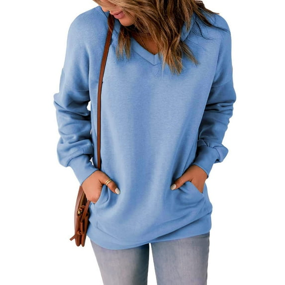 absuyy Womens V-Neck Sweatshirt Casual Solid Color Loose Comfortable Tops Light Blue Sweatshirt Size L