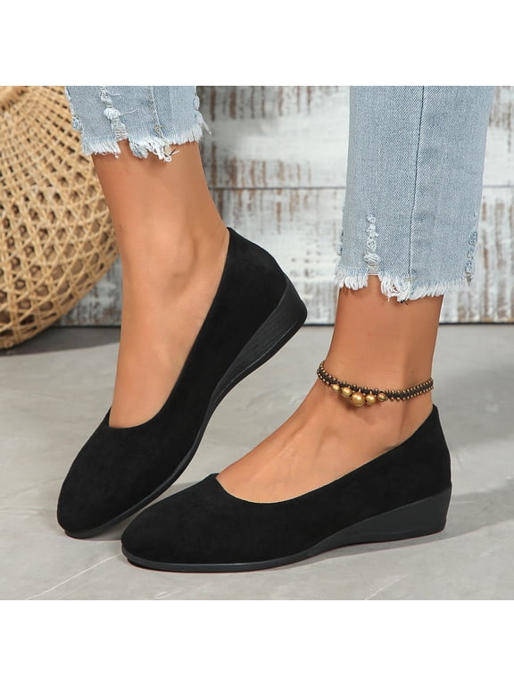 Womens Wedge Flats Glove Flats Slip On Faux Suede Black Cushioned Comfort Low Wedge 1 Inch Non Slip Rubber Sole,Size 6.5