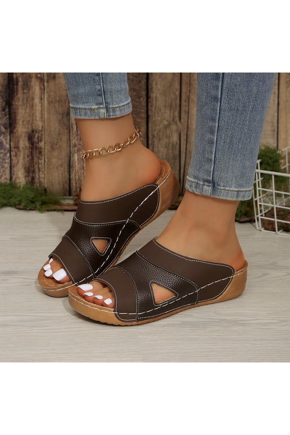 Womens Wedge Sandals Comfortable Low Heel Slide Sandals Non-Slip PU Faux Leather Open Toe Casual Summer Shoes Coffee,Size 6