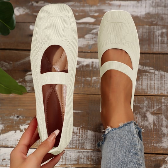 absuyy Womens White Mesh Breathable Square Toe Mary Jane Flats Elastic Strap Slip On Comfortable Walking Shoes Lightweight Foldable Machine Washable,Size 8