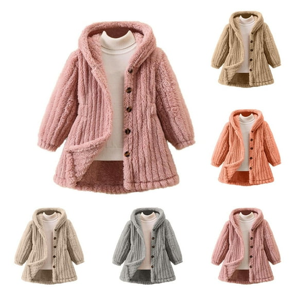 abtuhar Boys Jacket,Toddler Jacket,Fashionable Girls' Solid Color Plush Jacket Warm Hooded Cardigan Long Jacket Beige 7 Years