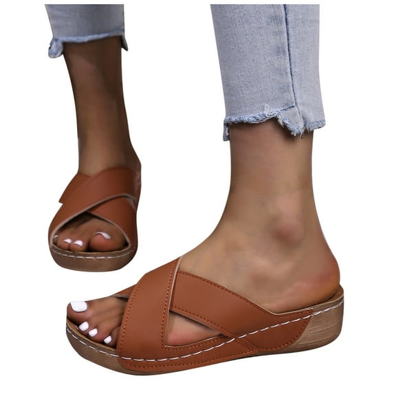abtuhar Casual Sandals for Women,Summer Sandals,Women's Fashion Solid Color Strap Thick Bottom Wedge Heels Brown