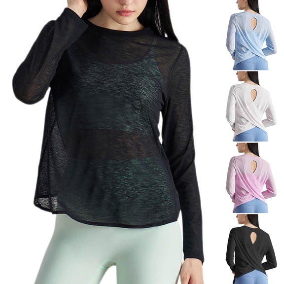 abtuhar Casual Tops for Women,Womens Tops,Women's Solid Color Round Neck Sports Thin Backless Long Sleeved Loose Yoga Blouses Black L