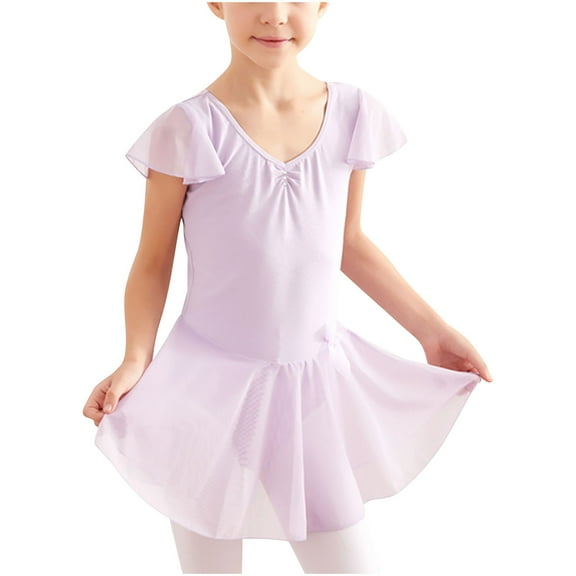 abtuhar Dance Leotard for Girls,Leotards for Girls Dance Leotard with Skirt Toddler Outfit Ruffle Sleeve Kids Dance Dress Purple 4-5 Years