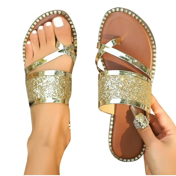 abtuhar Flip Flops for Women,Women's Sandals,Women Rhinestone Flip Flops T-Strap Buckle Square Head Temperament Flat Slippers Gold