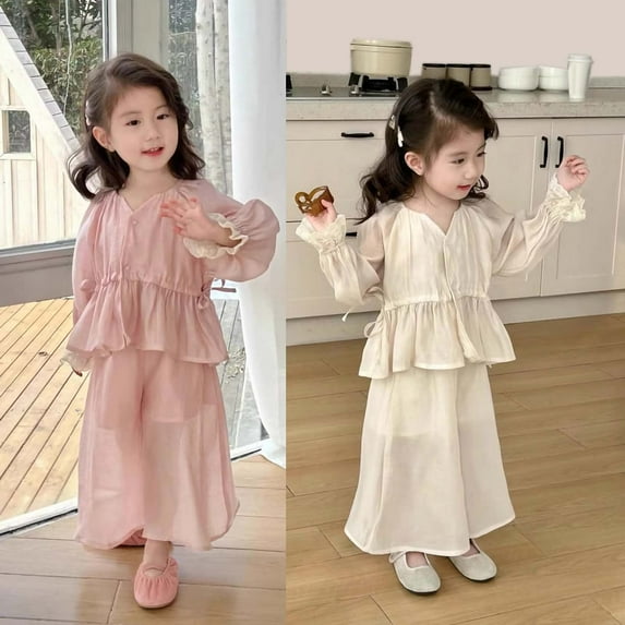 abtuhar Girls Outfits,Newborn Outfits,Medium and Large Girls Lace Long-sleeved Shirt + Wide-leg Pants Kids Girl Sweet Two-piece Set Pink 9 Years