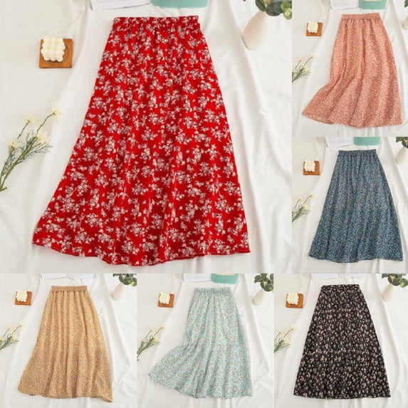 abtuhar High Waisted Skirts for Women,Women's Skirts,Womens Floral Print Boho Maxi Skirt Elastic High Waist Pleated Ruffle Flowy Long Skirts Pink
