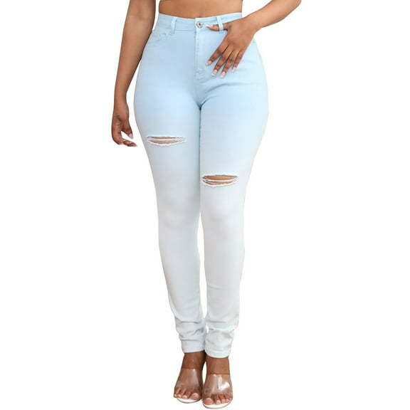abtuhar Jeans for Women,Womens Pants,Women's Slim Elastic Lifting Buttocks Bleached Blue And White Gradient Ripped Jeans Light Blue