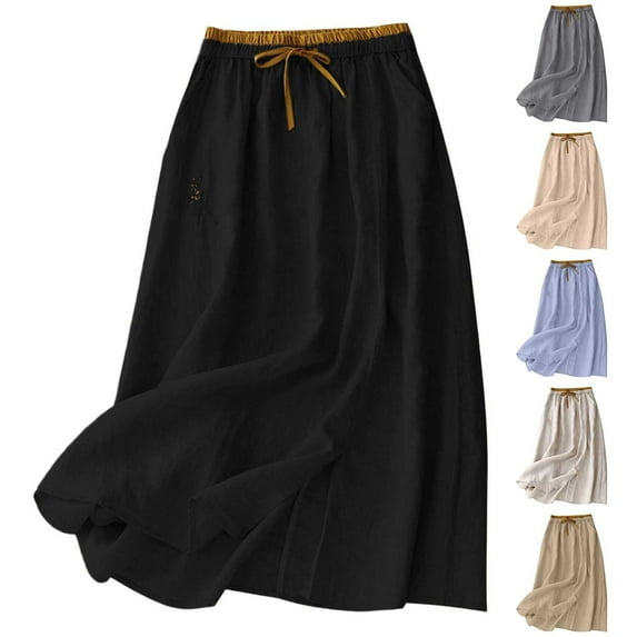 abtuhar Long Skirts for Women,Women's Skirts,Women's Loose Embroidery Floral Linen Elastic Waist Skirt A-line Mid-length Skirts Gray XXL