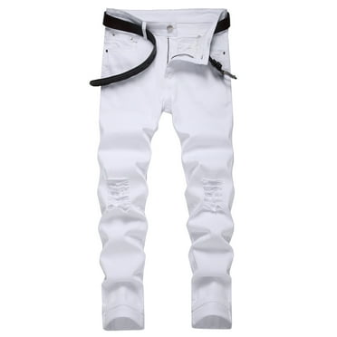 abtuhar Mens Jeans,Men's Pants,Mens Retro Ripped Jeans Slim Straight Leg Jean White L