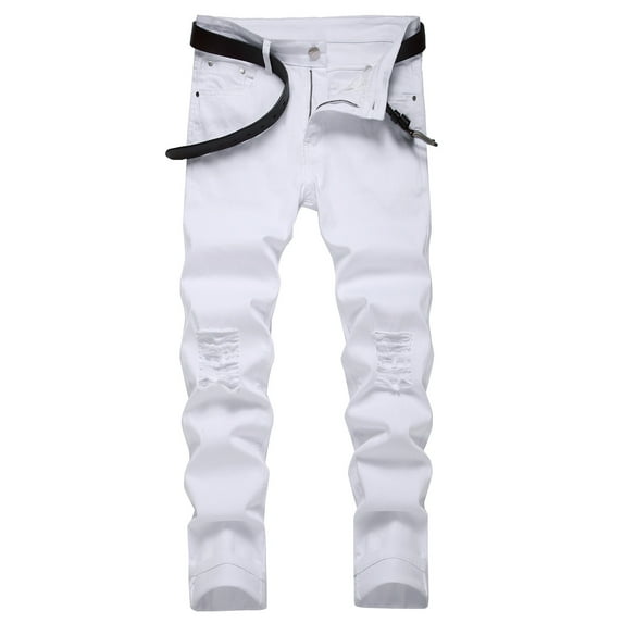 Summer Savings Clearance 2025! abtuhar Mens Jeans,Men's Pants,Mens Retro Ripped Jeans Slim Straight Leg Jean White M