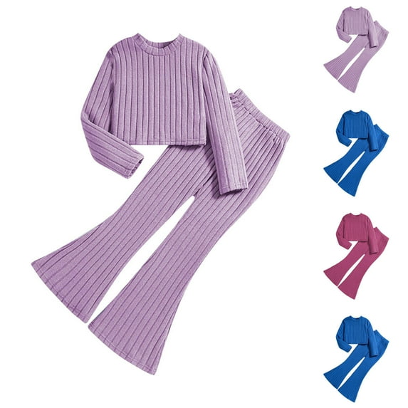 abtuhar Newborn Girl Outfits,Girls Outfits,Fashion Girls Solid Color Strips Long Sleeve Top Elastic Waist Pants Long Pants Set Blue 11 Years