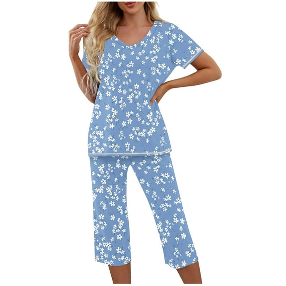 abtuhar Pajamas for Women,Womens Pajamas,Womens Pajama Set Short Sleeve Sleepwear Pleated Floral Pjs Set Lounge Sets with Pockets Light Blue XL