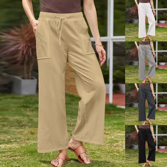 abtuhar Pants for Women,Womens Pants,Womens Cropped Pants Loose Fits Wide Leg Casual Plus Size Elastic Waist Trousers Khaki L