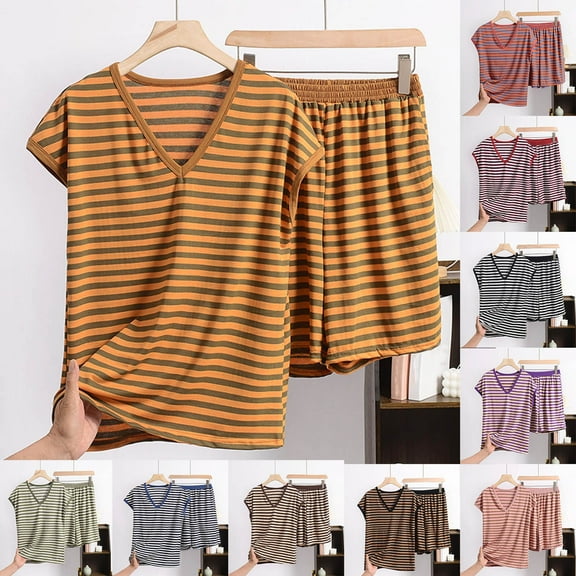 abtuhar Pjs Sets for Women,Women's Sleepwear,Women's Short Sleeve Pajama Sets with Pockets Casual Crew Neck Stripe 2 Piece Lounge Sets Coffee 5XL