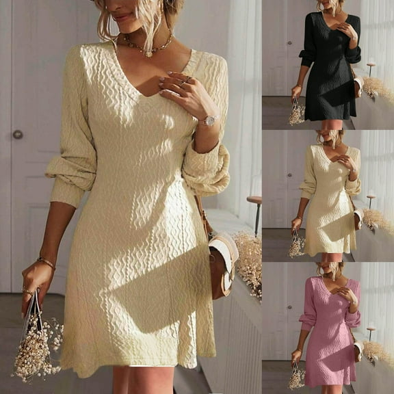 abtuhar Plus Size Dresses,Long Dresses for Women,Women's Dresses,Fashion Women Solid Color Round Neck Long Sleeves Shut Up Knitting Layered Dough Twists Pattern Ankle Length Dress Black