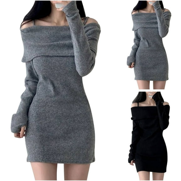 abtuhar Plus Size Dresses,Women's Dresses,Casual Dresses for Women,Ladies'Winter Short Off Shoulder Camisole Lapel Slim Ribbed Knit Dress Hip Hugging Short Skirt Black