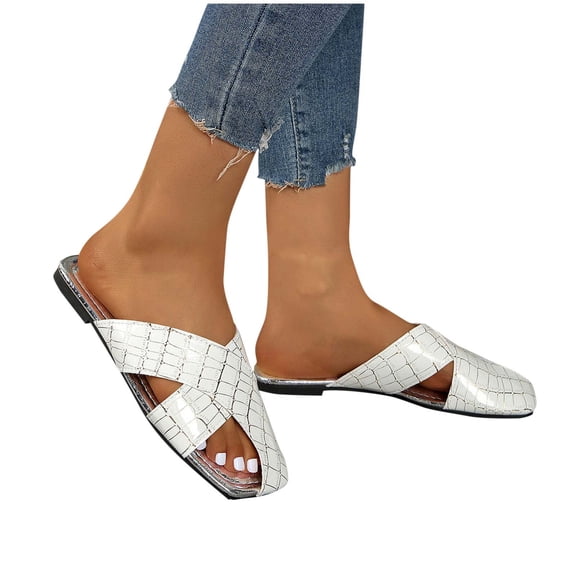 abtuhar Sandals Women,Womens Sandals Comfortable,Women's Casual Solid Color Square Head Spring And Summer New Flat Slippers White